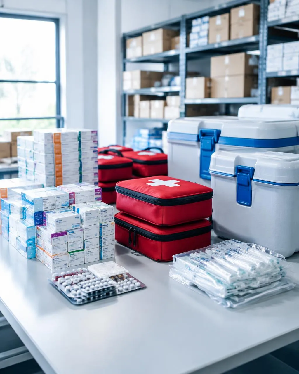 Representative emergency medical and relief supplies staged for response
