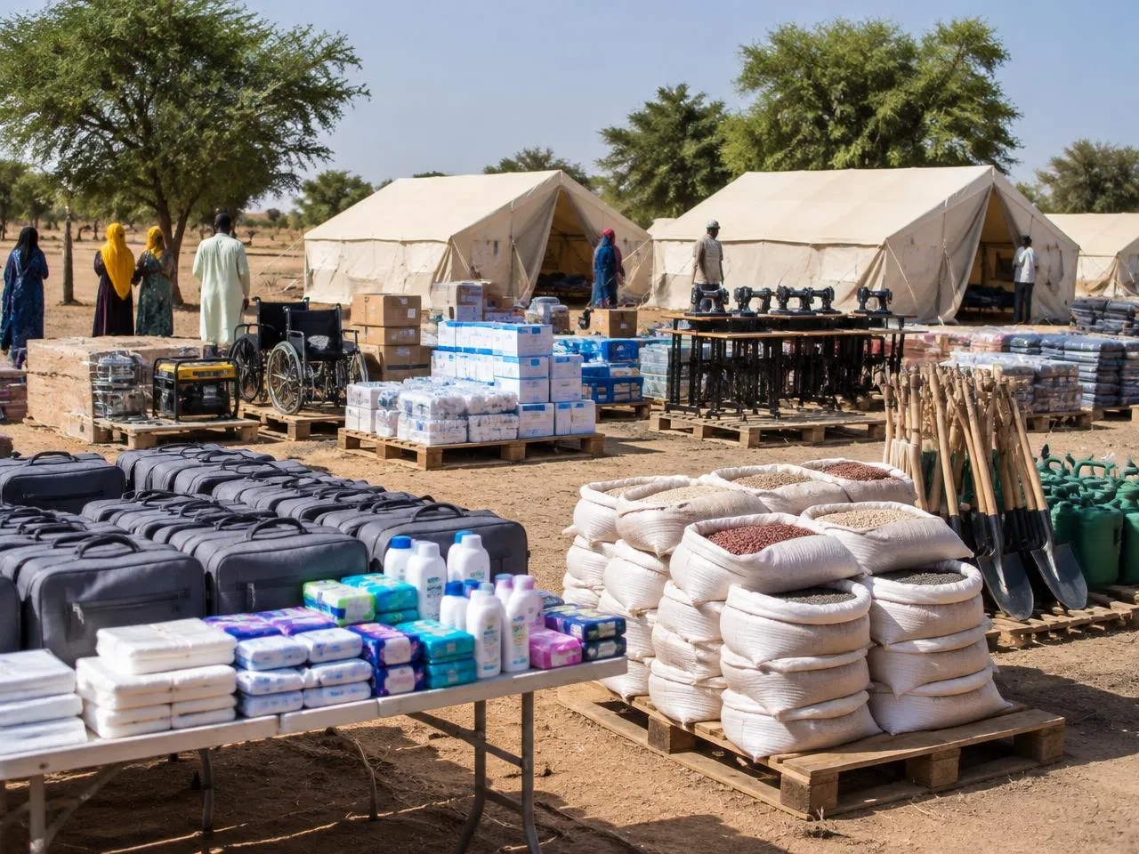 Representative humanitarian supplies prepared for community distribution