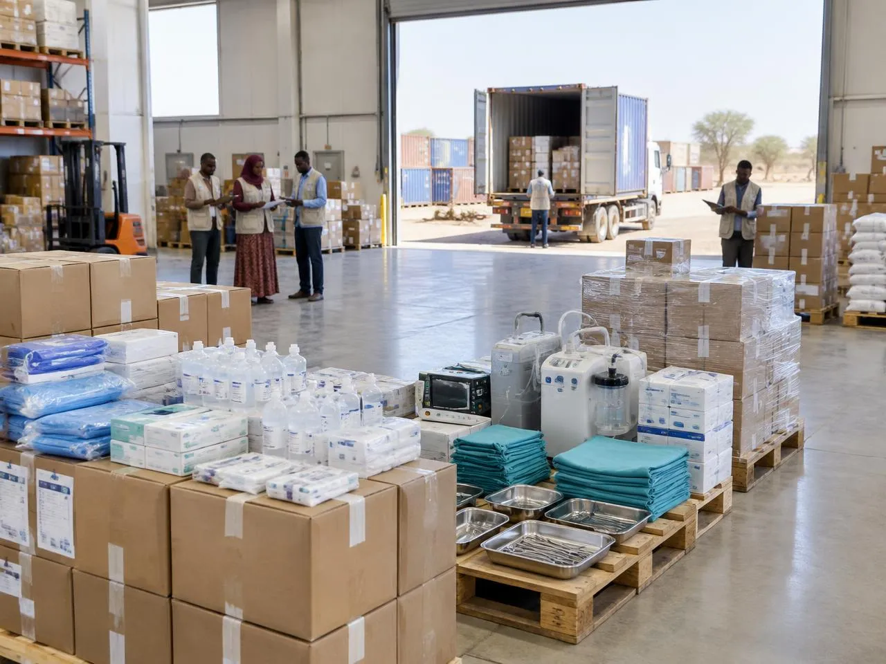 Representative procurement supplies arranged in an operational warehouse